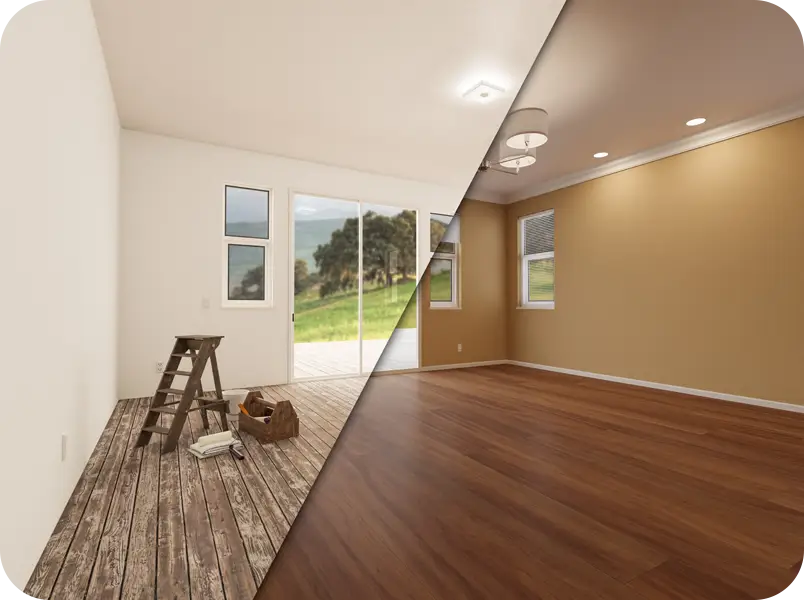 A split photo of a room with the floor being refinished.