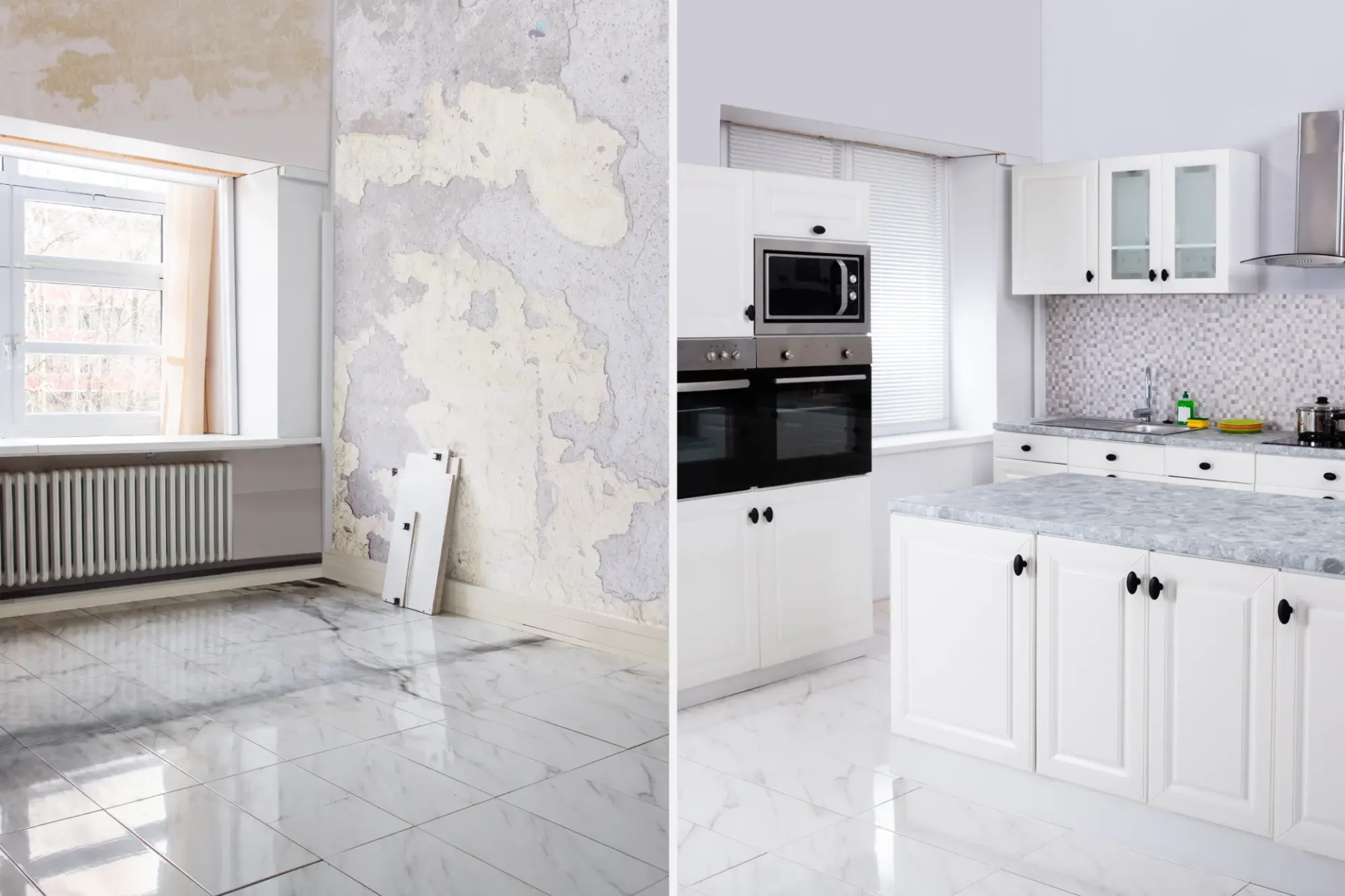 A kitchen with white walls and marble floors.