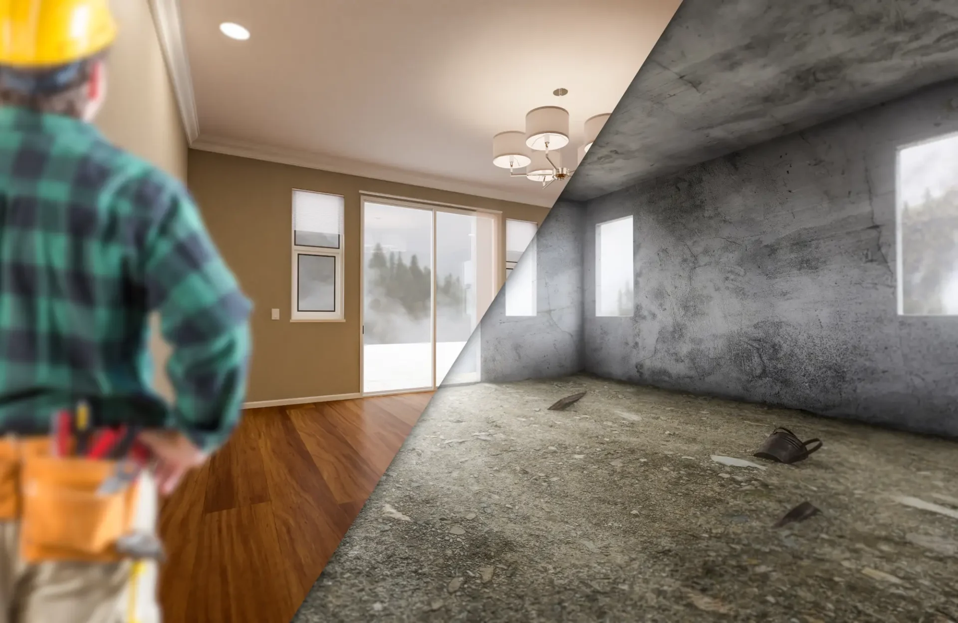 A split photo of a room with the floor and walls removed.